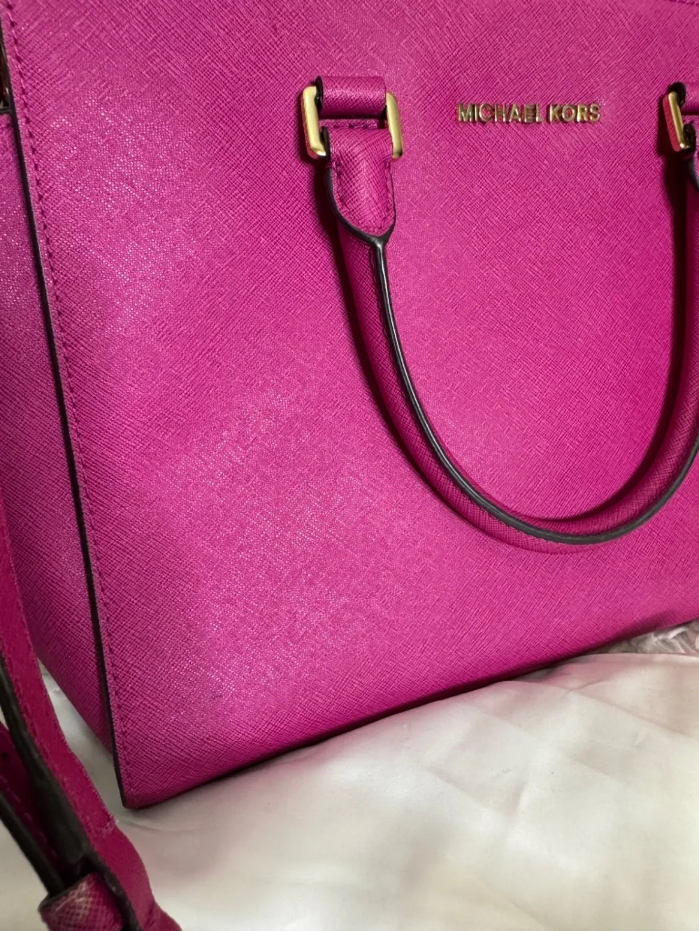 Michael Kors Hot Pink Saffiano Leather Satchel Crossbody Bag with Dust Bag.
